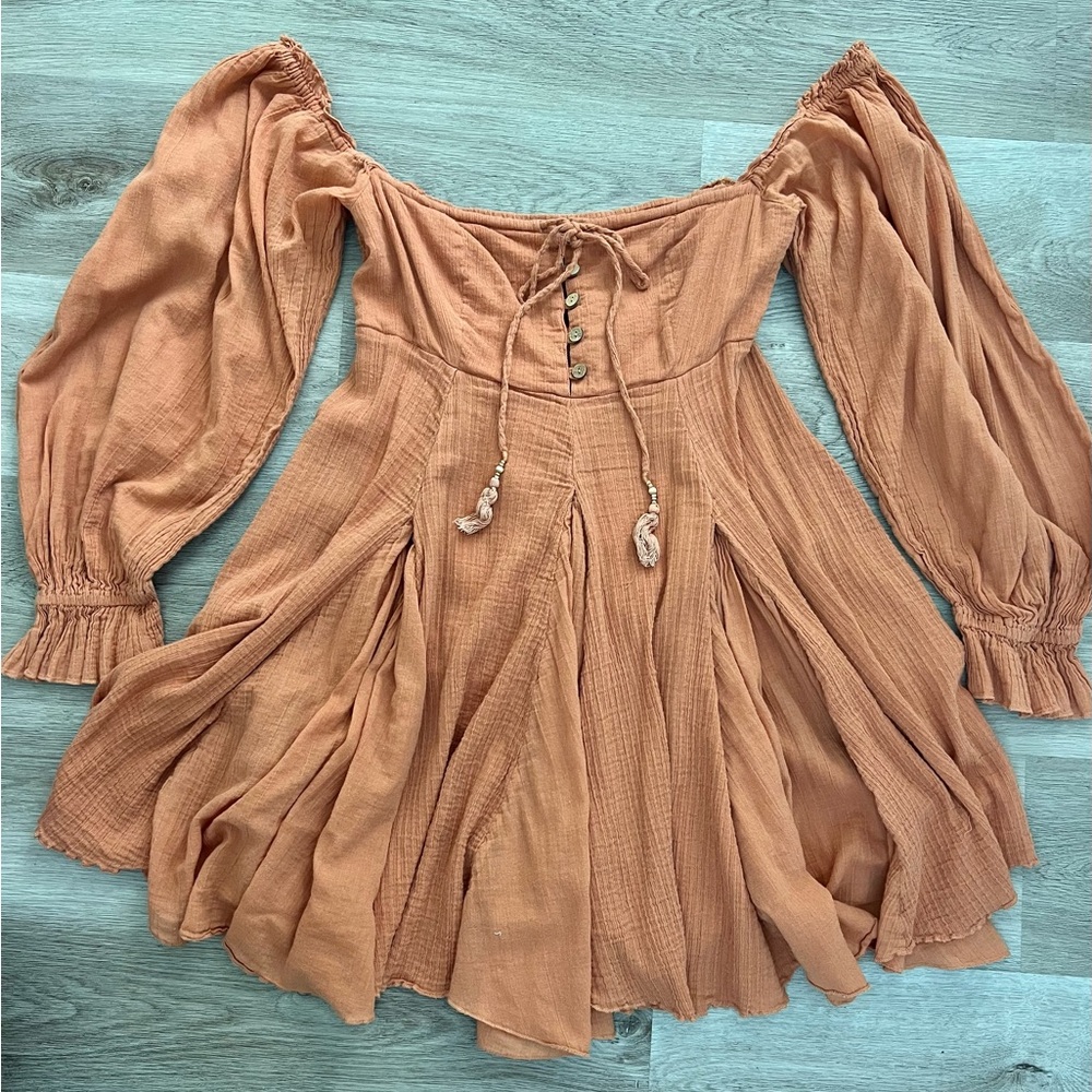 Free People "How About You" Orange Peasant Mini Dress Large